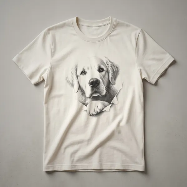 White t-shirt with a Golden Retriever's head peeking over a colorful floral border, designed for dog owners.