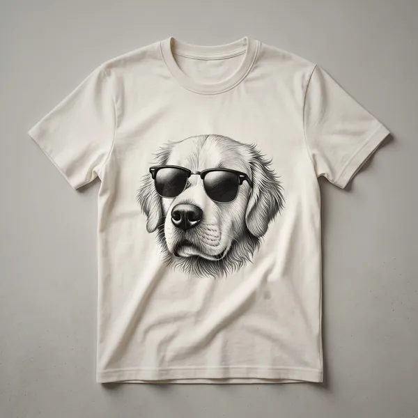 White t-shirt featuring a Golden Retriever wearing dark sunglasses with a distressed American flag design behind it.