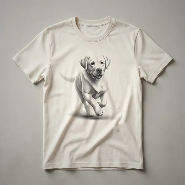 White Labrador Retriever running graphic t-shirt with a pencil sketch design of the dog in motion.