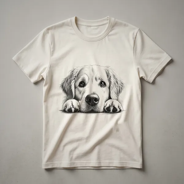 A black t-shirt with a graphic of a Golden Retriever's head peeking over the bottom edge, showcasing its friendly face and golden fur.