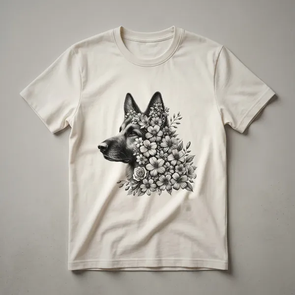A black graphic t-shirt featuring a German Shepherd silhouette with a halo of memorial flowers in shades of pink and purple.