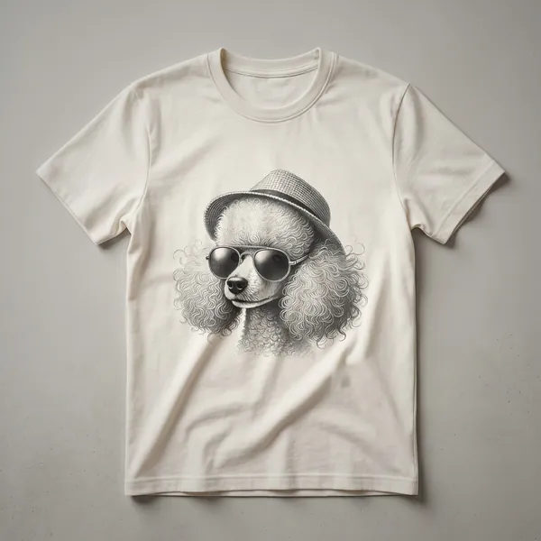 White poodle wearing black sunglasses, depicted in a graphic t-shirt design. The poodle has a cool, confident expression.