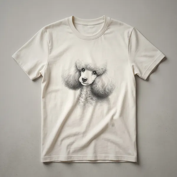 White graphic t-shirt featuring a stylized Poodle head within a floral wreath, designed for Poodle moms and dads.