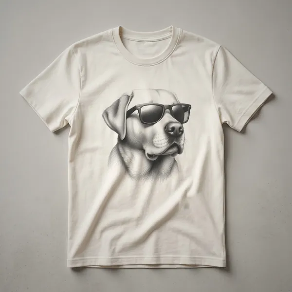Black t-shirt with a graphic of a Labrador Retriever dog wearing dark sunglasses.