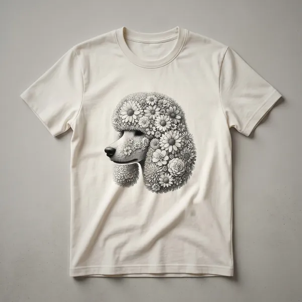 A white graphic t-shirt featuring a stylized poodle head made of colorful flowers and greenery.