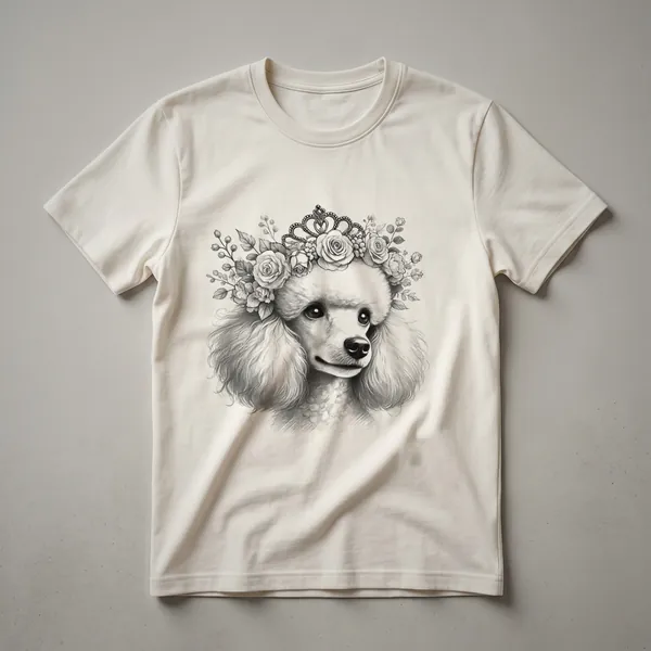 White graphic t-shirt featuring a black and white illustration of a poodle's head wearing a colorful floral crown.