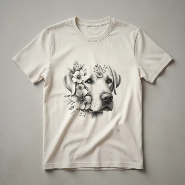 White t-shirt with a graphic design of a Labrador Retriever's head surrounded by colorful flowers and the word 'Mom'.
