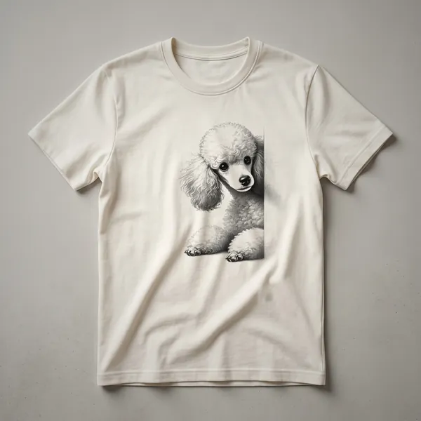 White t-shirt featuring a graphic of a Poodle's head peeking from a colorful floral arrangement with green leaves.