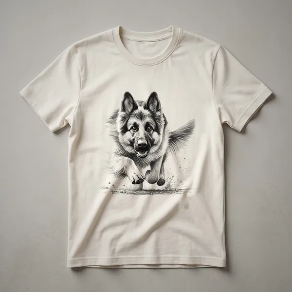Black graphic t-shirt with a distressed image of a German Shepherd running, designed for men and women who love dogs and running.