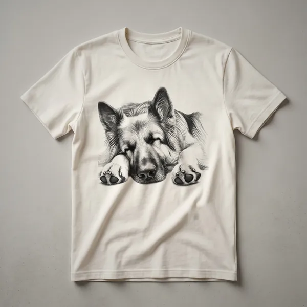 White graphic t-shirt featuring a sleeping German Shepherd dog illustration surrounded by pink and green floral elements.