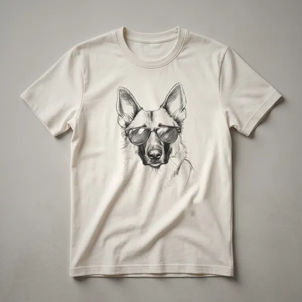 White t-shirt featuring a graphic of a German Shepherd dog wearing black aviator sunglasses.