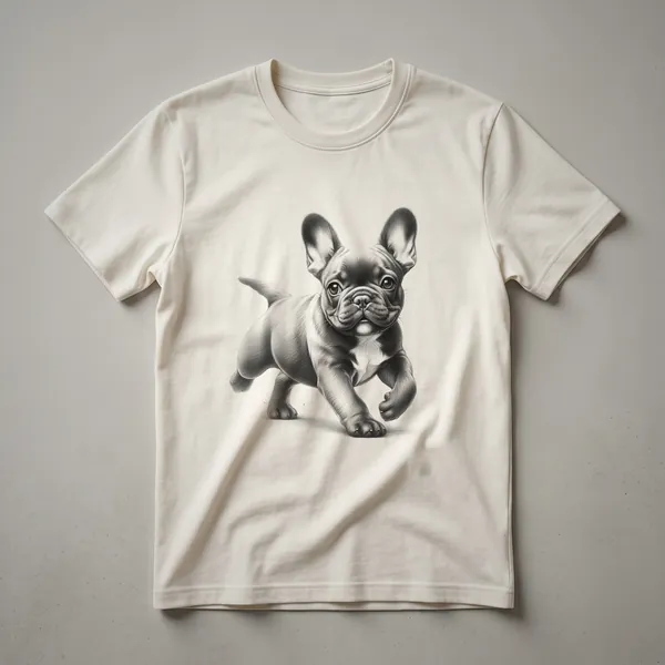 White graphic t-shirt featuring a distressed illustration of a French Bulldog running, with the words 'French Bulldog Running' above it.