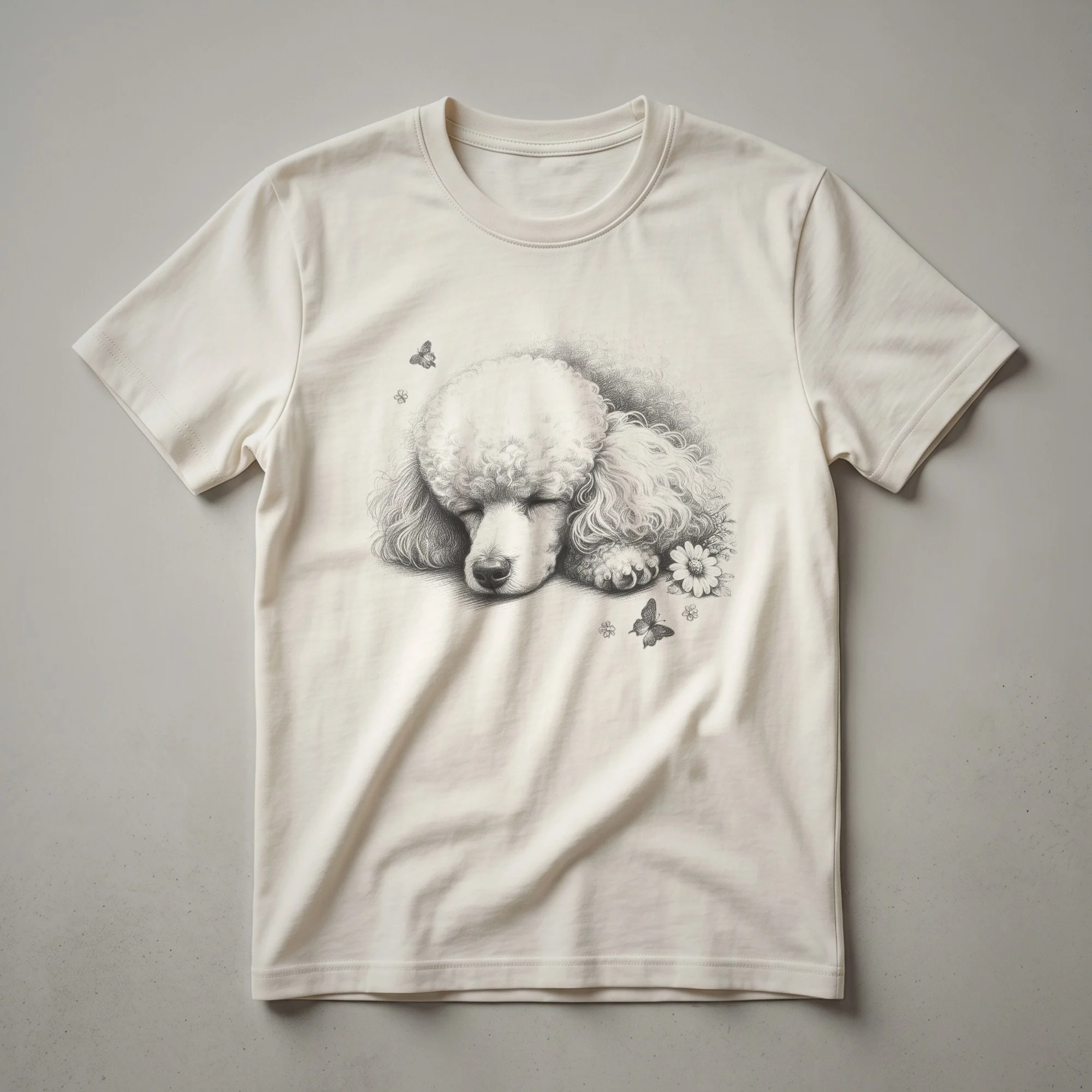 Black t-shirt featuring a white minimalist line art graphic of a sleeping poodle curled up peacefully.