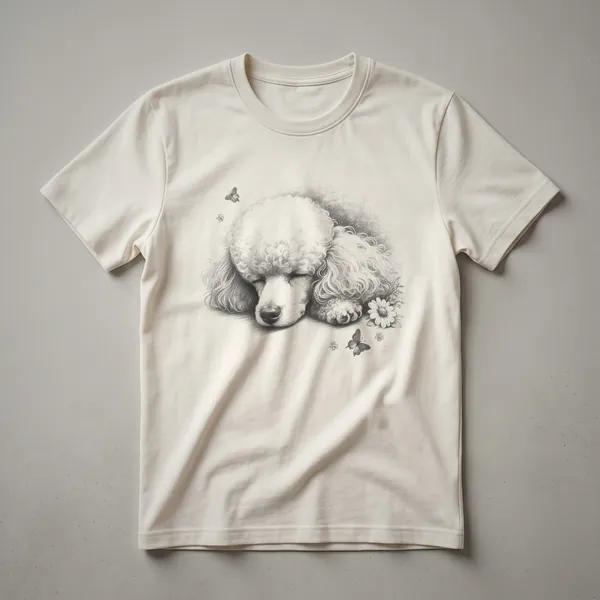 Black t-shirt featuring a white minimalist line art graphic of a sleeping poodle curled up peacefully.