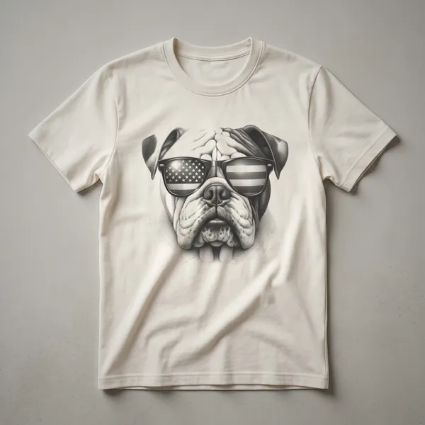 White t-shirt featuring a graphic of a bulldog wearing American flag patterned sunglasses.