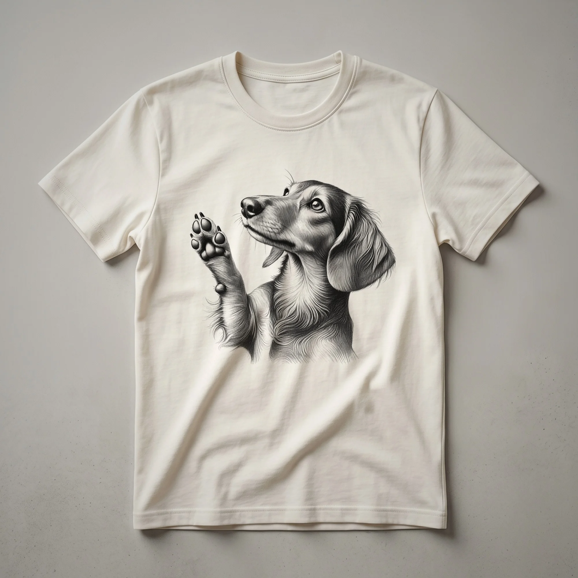 White graphic t-shirt featuring a cartoon Dachshund dog with its front paw raised, designed for dog lovers.