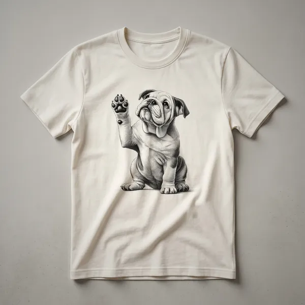 White graphic t-shirt featuring a stylized bulldog paw raised in a playful gesture, surrounded by a colorful floral pattern.