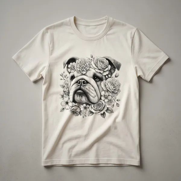 White graphic t-shirt with a floral bulldog mom design featuring a bulldog face surrounded by colorful flowers.
