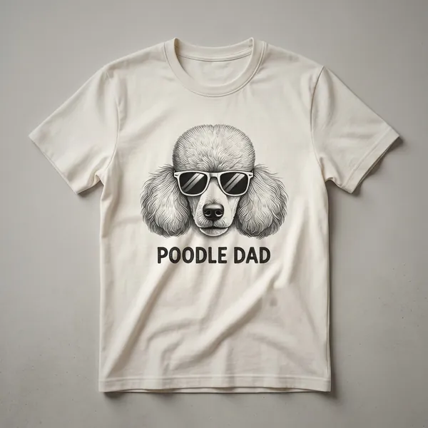 White poodle wearing dark sunglasses, graphic illustration on a t-shirt, with a subtle patriotic background element.