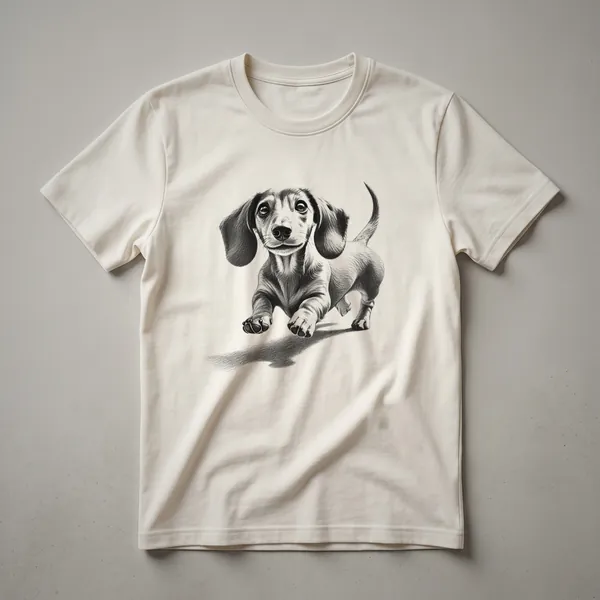 White graphic t-shirt featuring a black illustration of a Dachshund running with its tongue out, set against a plain background.