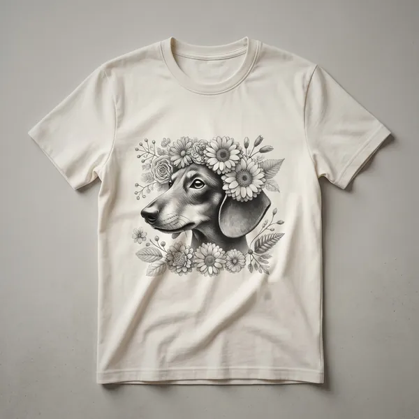 White graphic t-shirt with a floral dachshund silhouette design and the word 'Mom' integrated.