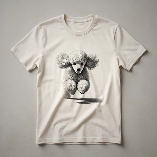 White graphic t-shirt featuring a distressed illustration of a poodle running, with text elements.