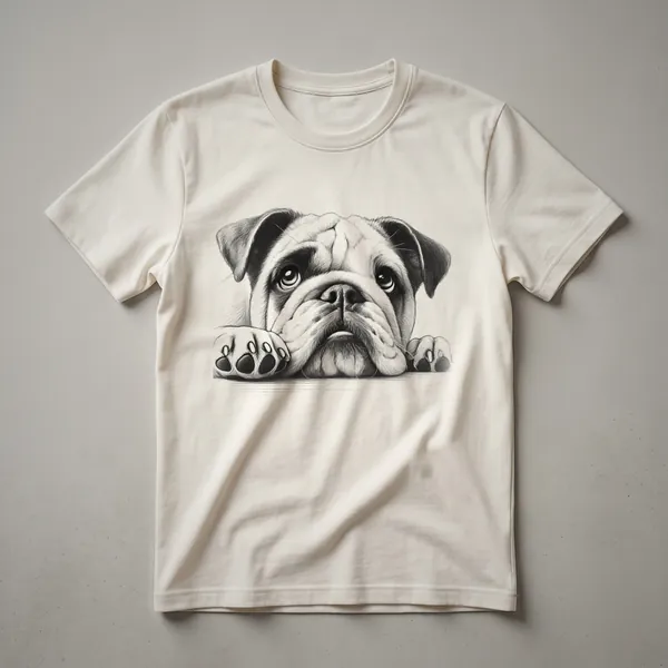 A black t-shirt featuring a graphic design of a cute bulldog's face peeking from the bottom edge.