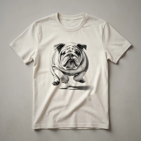White graphic t-shirt featuring a distressed image of a bulldog wearing a red running headband and dark sunglasses, mid-stride.
