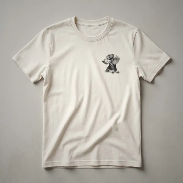 White graphic t-shirt featuring a cartoon Dachshund dog peeking over the bottom hem, with the text 'Dachshund' above it.