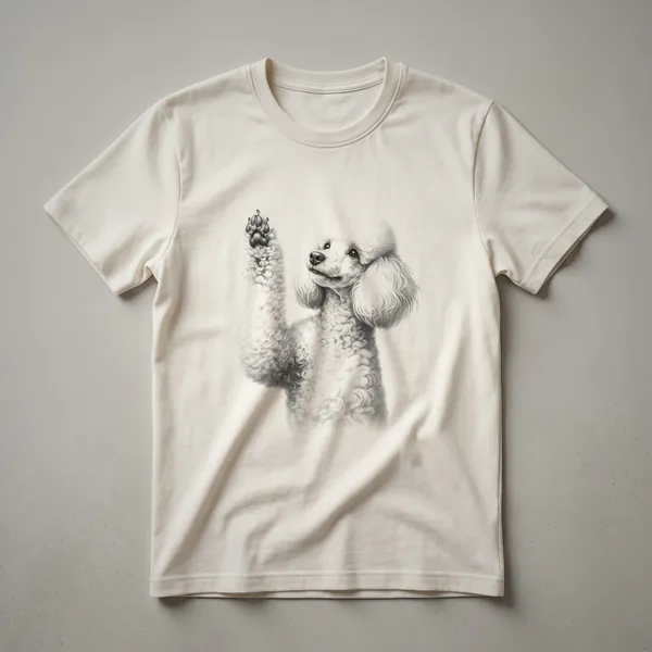 White graphic t-shirt featuring a stylized Poodle raising its paw, surrounded by colorful floral elements and the text 'Poodle Raising Paw Design For Dog Owner'.