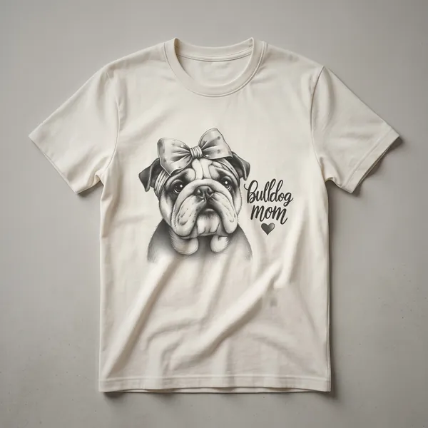 White graphic t-shirt with a floral bulldog mom design, featuring a bulldog face surrounded by colorful flowers.