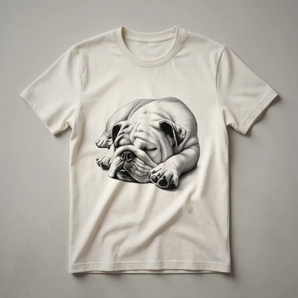 White t-shirt with a graphic of a sleeping bulldog surrounded by floral elements, designed for dog owners.
