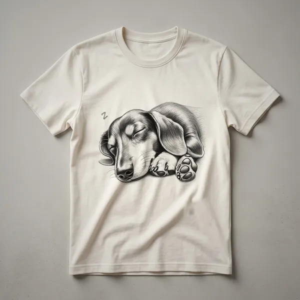 White graphic t-shirt featuring a minimalist illustration of a black and tan Dachshund dog sleeping curled up.