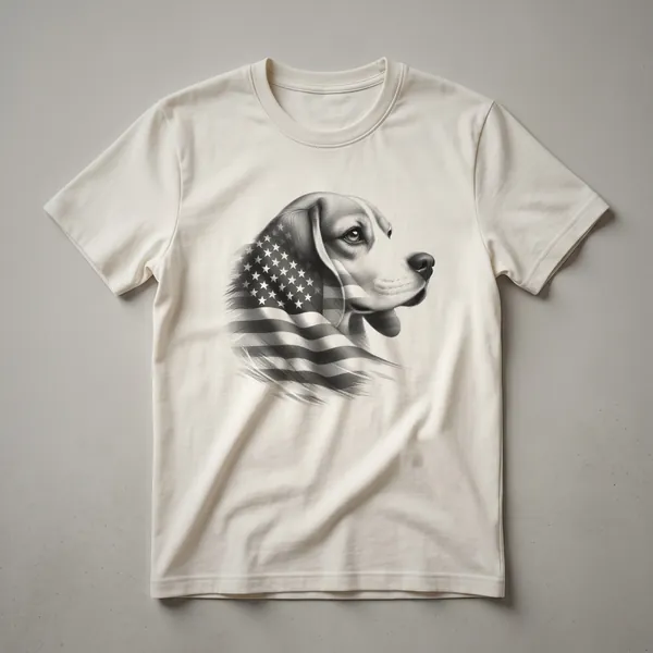 White t-shirt featuring a Beagle dog wearing sunglasses with a stylized American flag in the background, perfect for 4th of July celebrations.