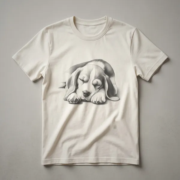 A white t-shirt featuring a minimalist black graphic illustration of a sleeping Beagle dog.