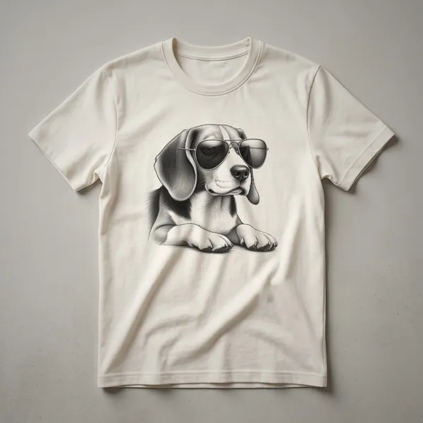 White graphic t-shirt featuring a beagle dog wearing sunglasses with a distressed American flag design behind it.