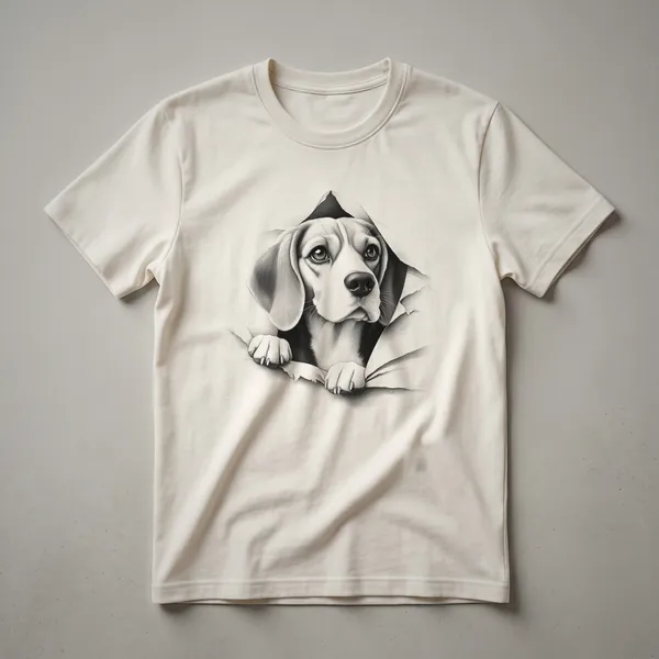 White t-shirt with a graphic of a Beagle dog's head peeking from the bottom edge, showing its ears and nose.