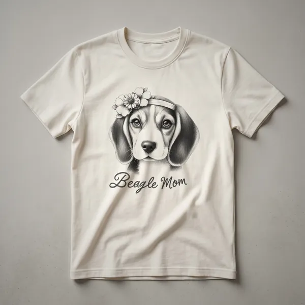 White graphic t-shirt featuring a Beagle dog's face surrounded by colorful floral elements and leaves, with the text 'Beagle Mom' above.