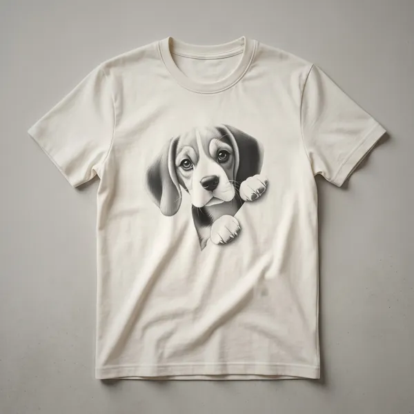 White t-shirt featuring a Beagle dog's face peeking from behind a colorful floral arrangement with a distressed texture.