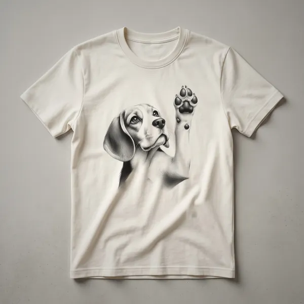 White graphic t-shirt featuring a Beagle paw print encircled by colorful flowers and green leaves.