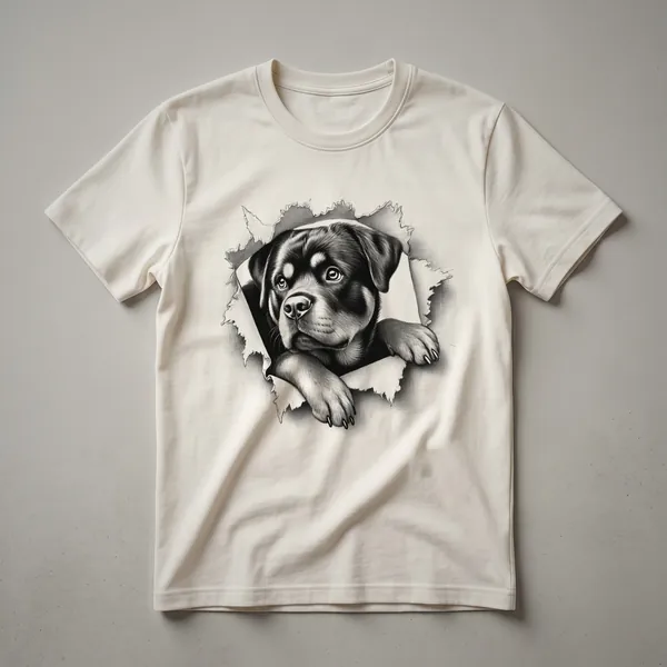 Black and tan Rottweiler head peeking from the side on a white t-shirt, showcasing its alert expression and distinctive markings.
