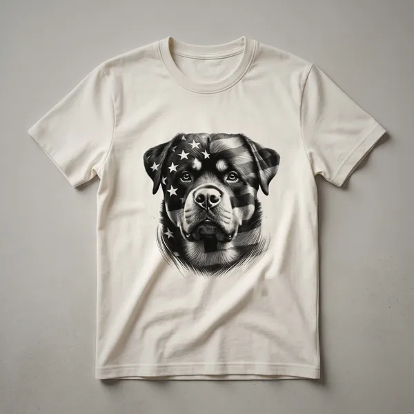 Black Rottweiler wearing sunglasses with an American flag pattern, printed on a black t-shirt.