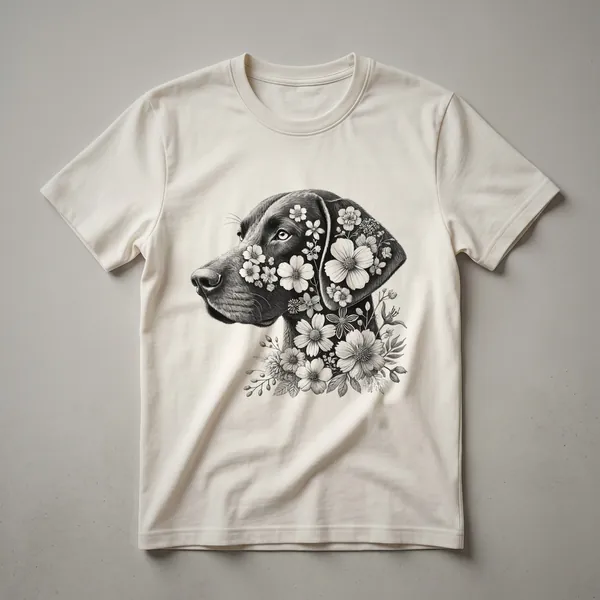 White t-shirt with a graphic of a German Shorthaired Pointer dog's head surrounded by a colorful floral arrangement.