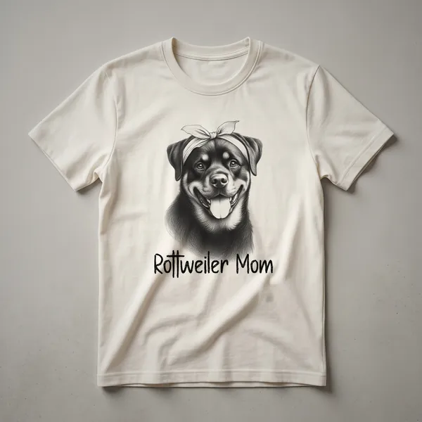 White graphic t-shirt featuring a floral art depiction of a Rottweiler dog's face with 'Rottweiler Mom' and 'Rottie Mama' text.