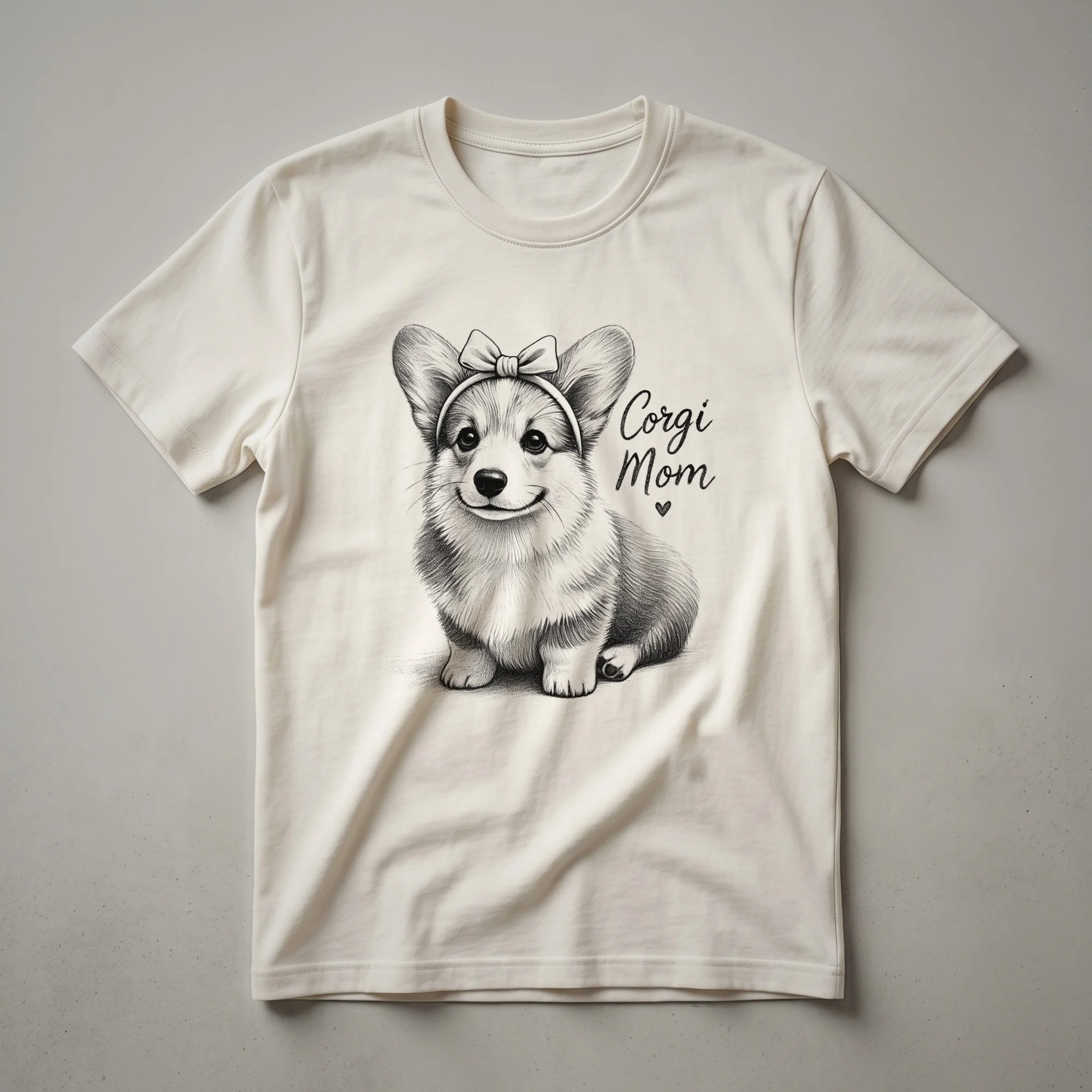White graphic t-shirt featuring a black and white Pembroke Welsh Corgi face with the word 'Mom' above it.