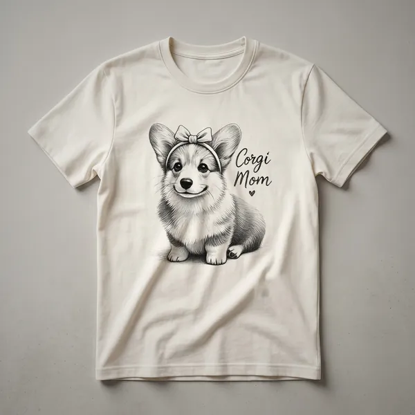 White graphic t-shirt featuring a black and white Pembroke Welsh Corgi face with the word 'Mom' above it.