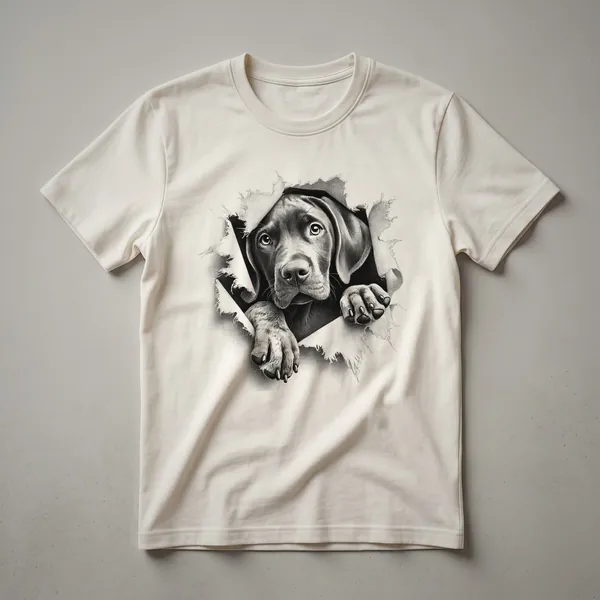 White graphic of a German Shorthaired Pointer dog's head peeking from the left side, with its ears up and tongue slightly out, on a black t-shirt.