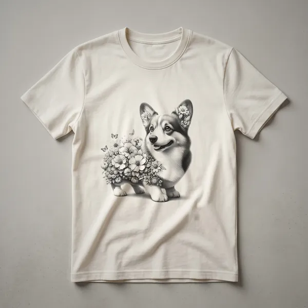 White graphic t-shirt featuring a floral design with the face of a Pembroke Welsh Corgi surrounded by colorful flowers.