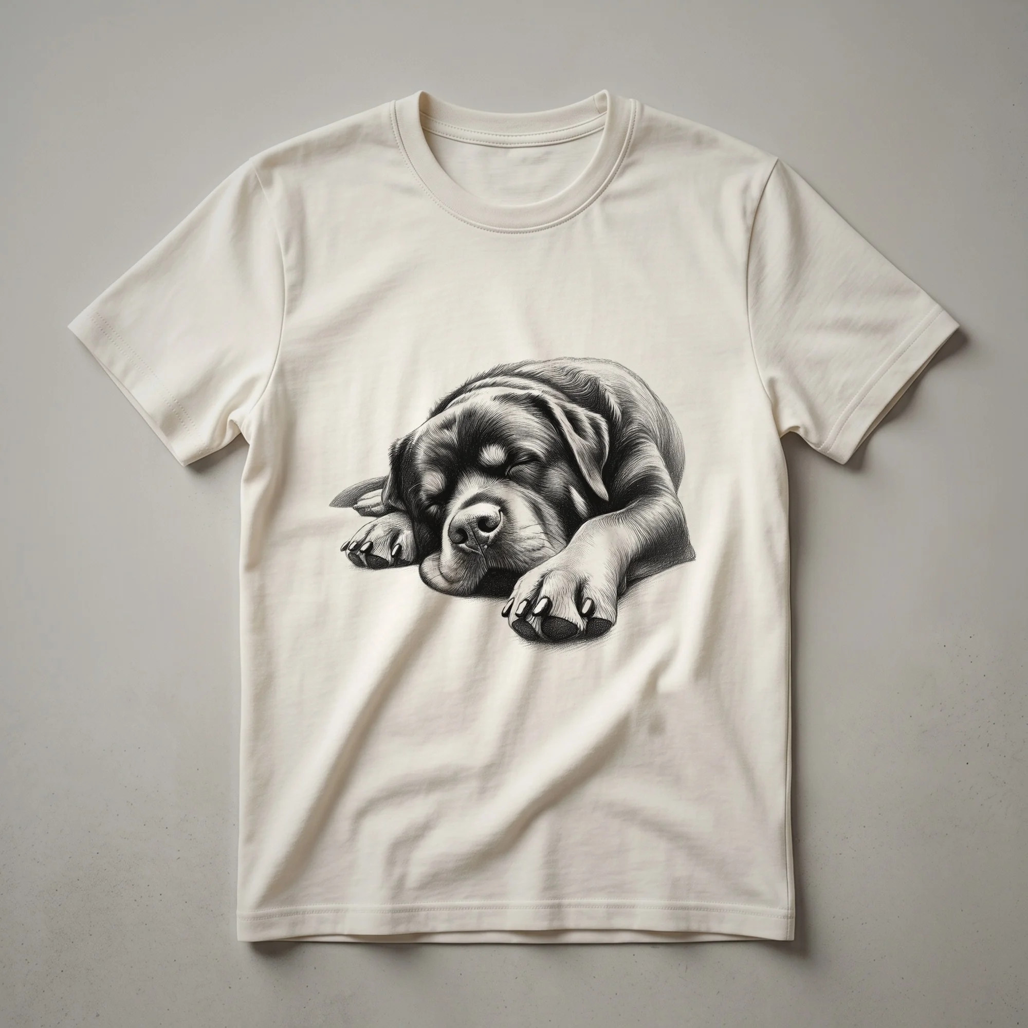 Black graphic t-shirt featuring a minimalist illustration of a sleeping Rottweiler dog with its head resting on its paws.