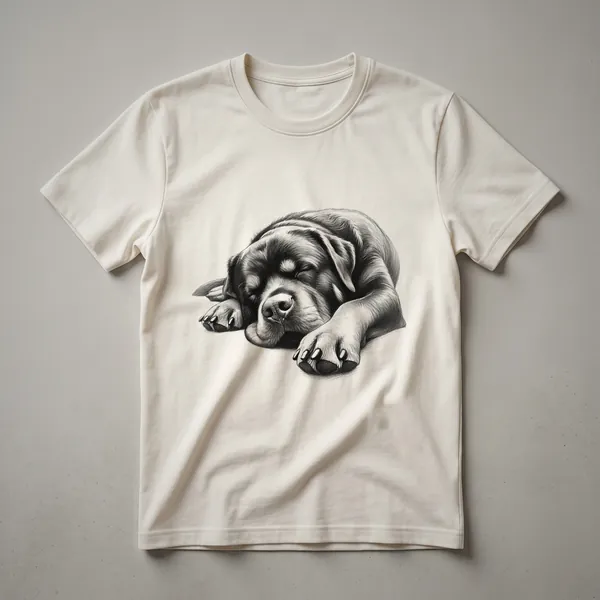 Black graphic t-shirt featuring a minimalist illustration of a sleeping Rottweiler dog with its head resting on its paws.